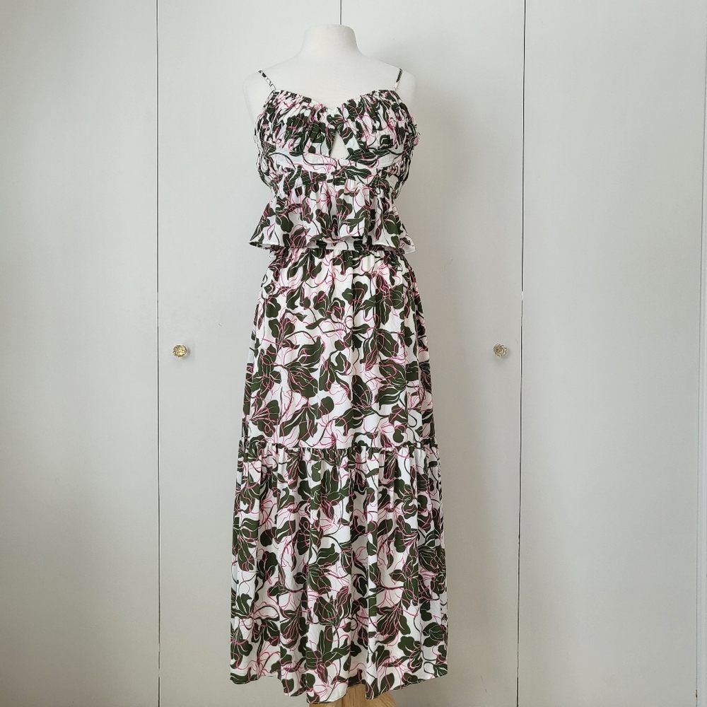 Parker Ruffle Two Piece Set Tiered Midi Skirt Green Pink Floral Print Size 6